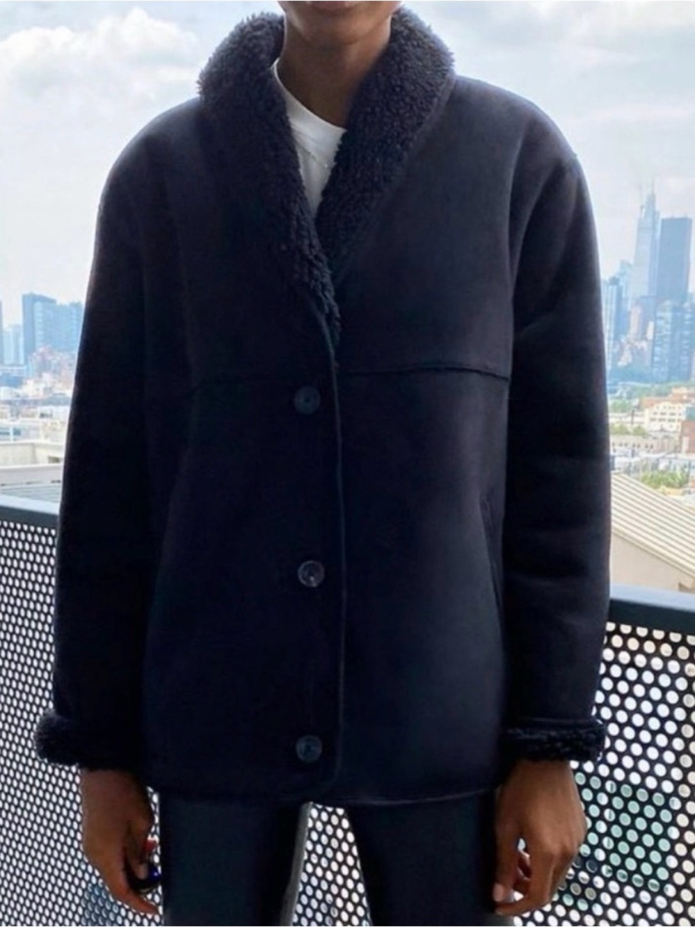 Wilfred Black Shearling-Trim Button Front Coat